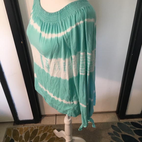 Turquoise Tye-dye elastic boat neck shirt with tie long  sleeves - Picture 4 of 11